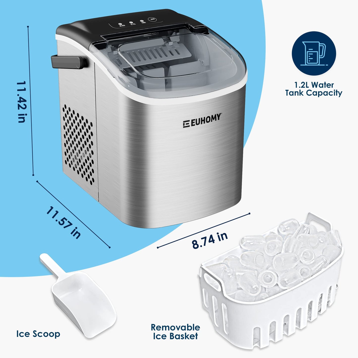 EUHOMY Ice Maker Machine Countertop with Handle, 26lbs/24H, 9 Bullet Ice Cubes Ready in 6 Mins, Auto-Cleaning, Portable Ice Maker with Basket and Scoop, for Home/Kitchen/Camping/RV. (Silver)