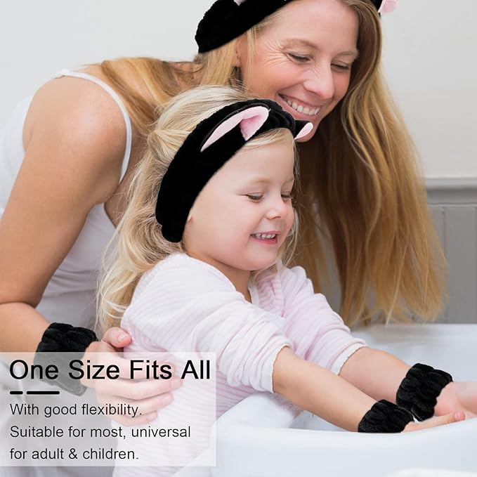 WHAVEL 3PCS Spa Headband and Wristband Set, Cute Cat Ears Headband for Washing Face Makeup Head band(Black)