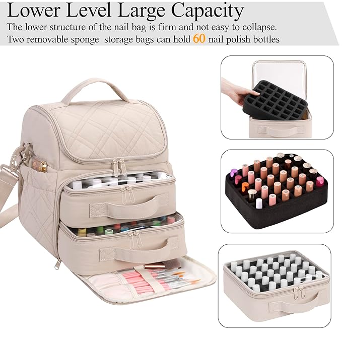 Nail Polish Organizer with 2 Detachable Cases Hold 60 Bottles & Nail Lamp, Portable Nail Organizers and Storage with Handle & Shoulder Strap, Travel Nail Bag for Manicure Tools