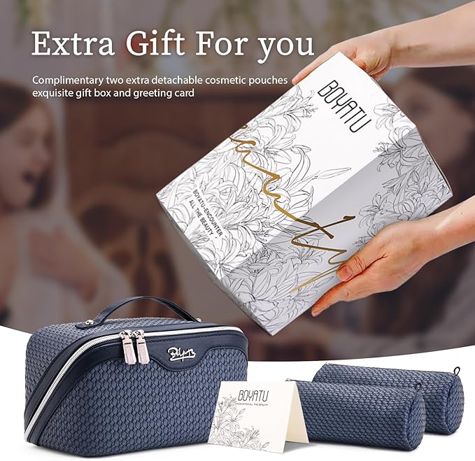BOYATU Travel Makeup Bags for Women: Large Capacity Make up Bag with Wide Opening - 3 Pcs Set Waterproof Travel Toiletry Organizer for Full-Sized Bottles, Cosmetics & Brushes (Blue-W)