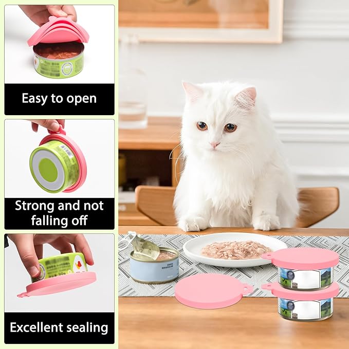 PINE & LINEN 4 Pcs Durable Pet Can Lids,One fit 3 Standard Size Silicone Waterproof Cat Food Cans Lids for 3oz/5.5oz/12.5oz/13.2oz Cat Food Cans（ Pink）