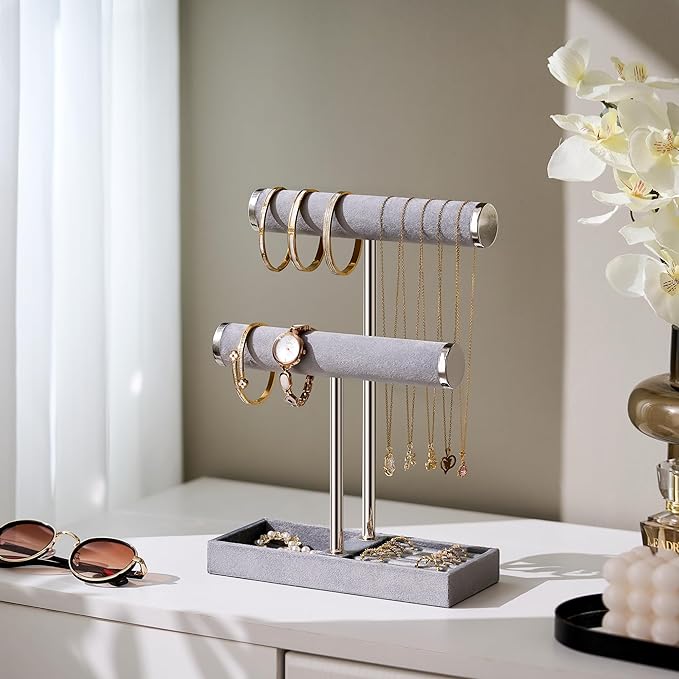 2 Tier Bracelet Holder Display - Detachable T Bar Grey Velvet Bracelet Holder, Jewelry Holder Organizer for Bracelet, Necklace, Earrings, Rings