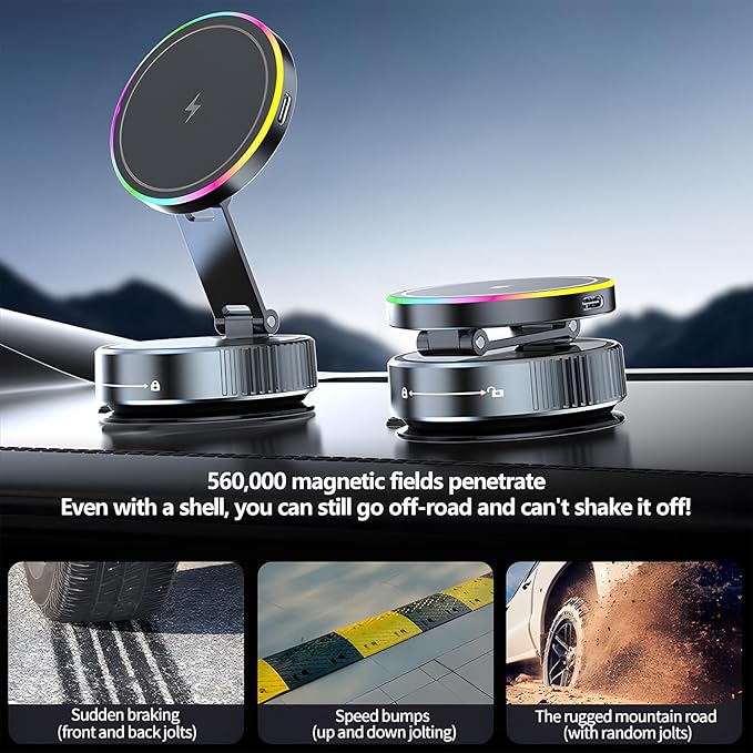 Wireless Charger Car Phone Holder for Magsafe,360°Adjustable Vacuum Magnetic Phone Holder,Nano Gel Suction Cup/RGB Light Suction Cup Mount for Non Smooth Surfaces Compatible iPhone&Android