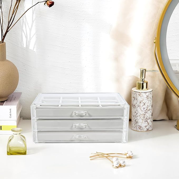 ProCase Earring Holder Organizer Jewelry Box with 3 Drawers, Acrylic Clear Earring Case with Adjustable Velvet Trays for Women - Warmwhite, 3 Layers