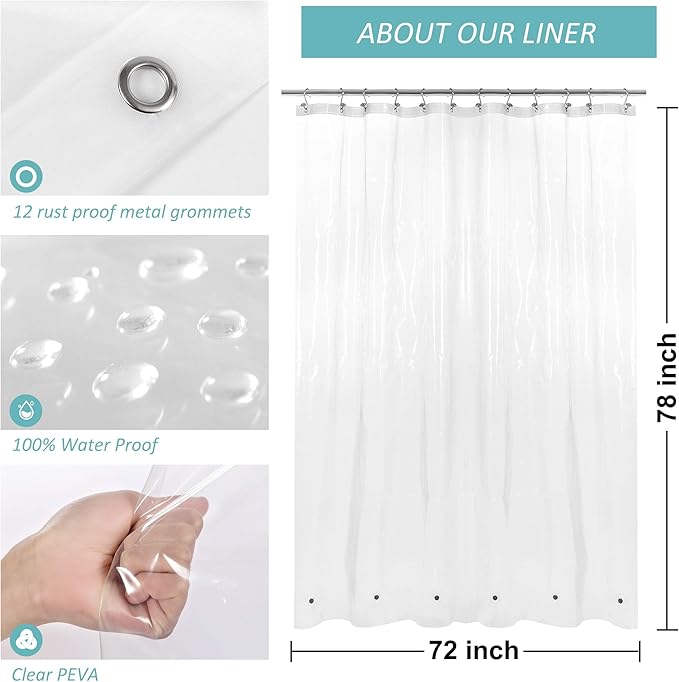 Mrs Awesome Long Shower Curtain Liner with 6 Magnets 72 x 78 inch, PEVA 8G Thick & Heavy Duty Plastic Shower Curtain for Bathroom, Waterproof,72x78, Clear