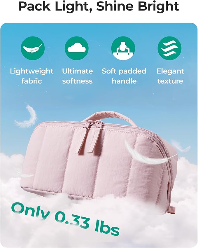 BAGSMART Travel Makeup Bag for Women, Portable Water-resistant Cosmetic Case, Puffy Padded Make Up Organizer Pouch, Open Flat Toiletry Bag for Toiletries, Brushes, Forest Green