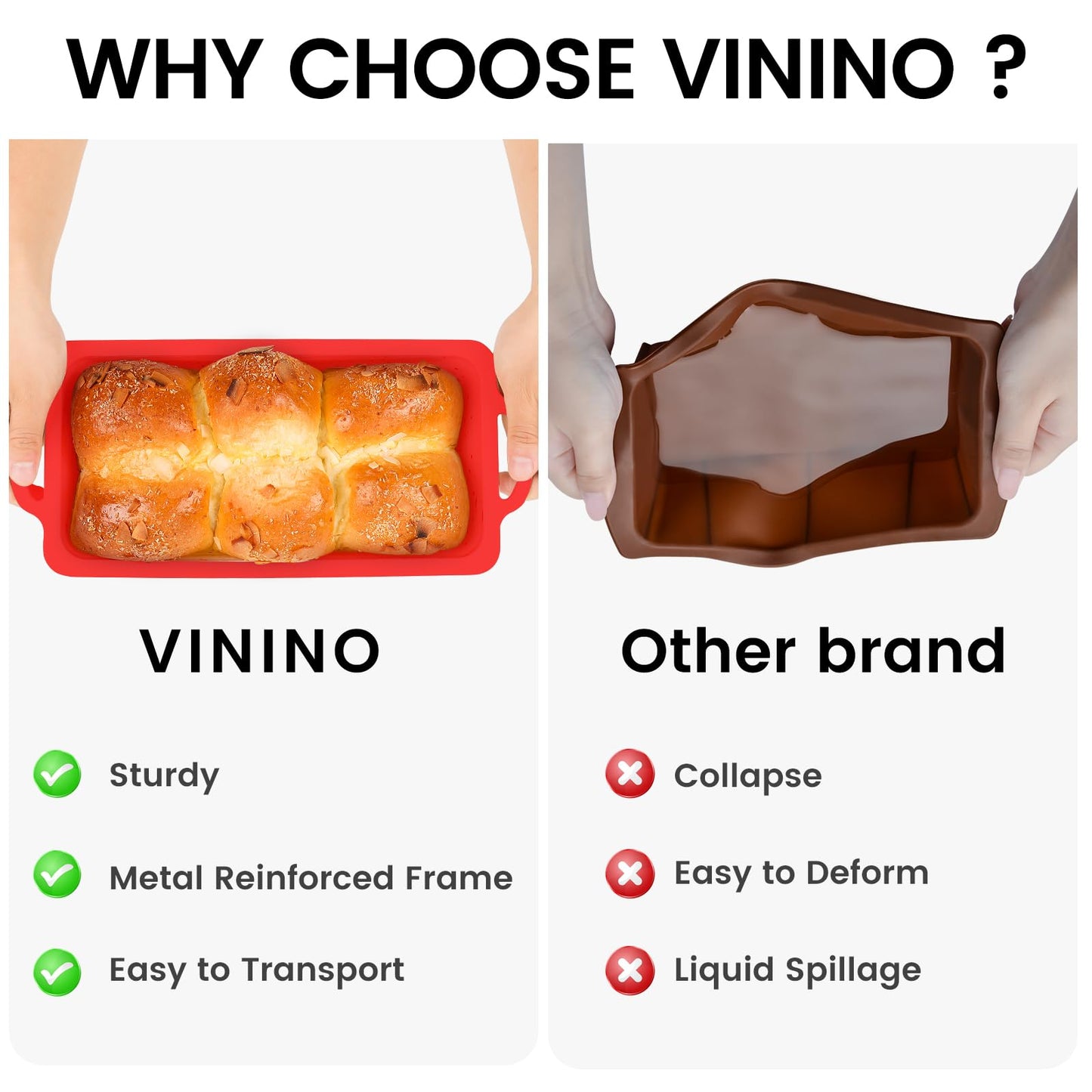 Vinino 2 Pack Silicone Bread Loaf Pan with Metal Reinforced Frame, 9.5 x 5 in Non-stick Silicone 1 lb Loaf Pan for Baking, Durable Bread Pan for Oven Dishwasher Safe - Red