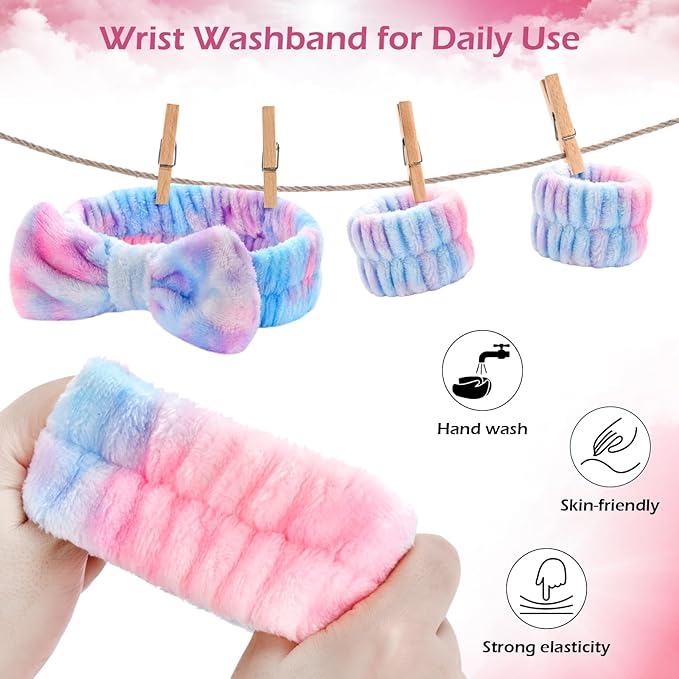 3PCS Spa Headband and Wristbands Set for Women, Soft Microfiber Face Wash Headband with Cute Bow, Elastic Absorbent Wrist Towels, Makeup Skincare Accessories for Facial, Shower, Yoga