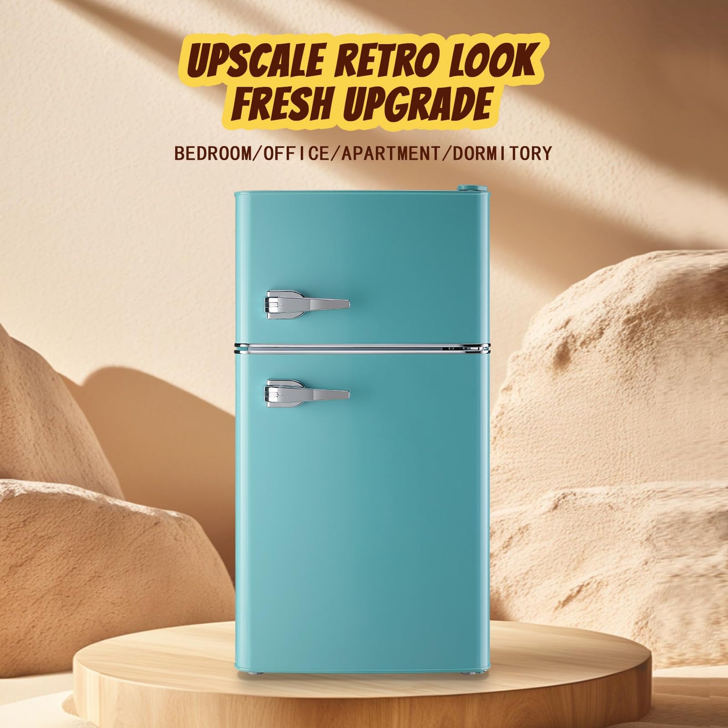 TACOOL Small Fridge with Freezer Mini Refrigerator Double door Removable Glass Shelves 7 Temp Gear Detachable Handle Blue