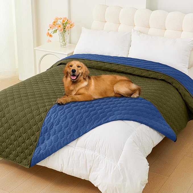 Smiry Waterproof Dog Bed Cover Blanket, Soft Reversible Pet Blanket, Washable Leakproof Cats Dogs Couch Cover for Sofa, Couch, Furniture (82x82 Inch, Green/Navy)