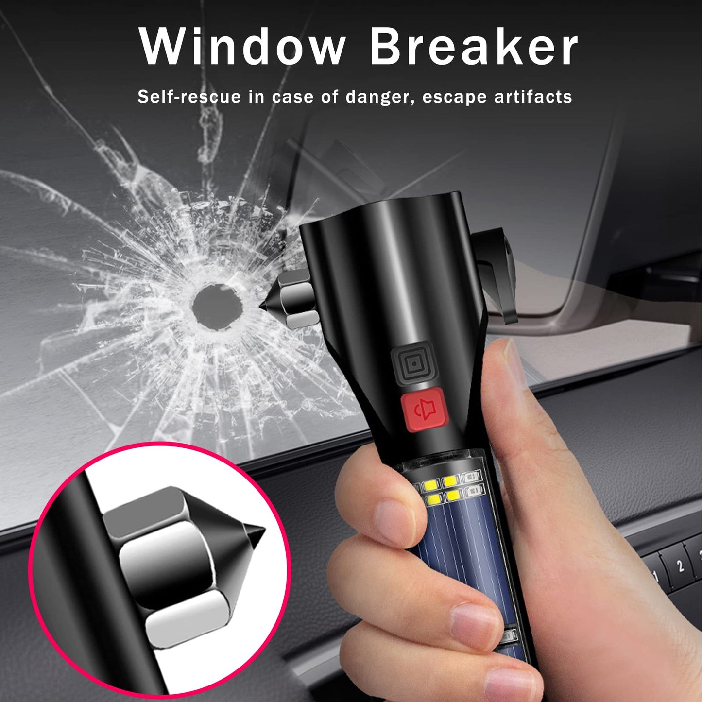 MOTORBUDDY All-in-1 Car Safety Hammer, Multi-Function Emergency Escape Hammer with Window Breaker and Seatbelt Cutter, Mobile Power, LED Flashlight, Alarm Rescue, Strobe SOS Beacon
