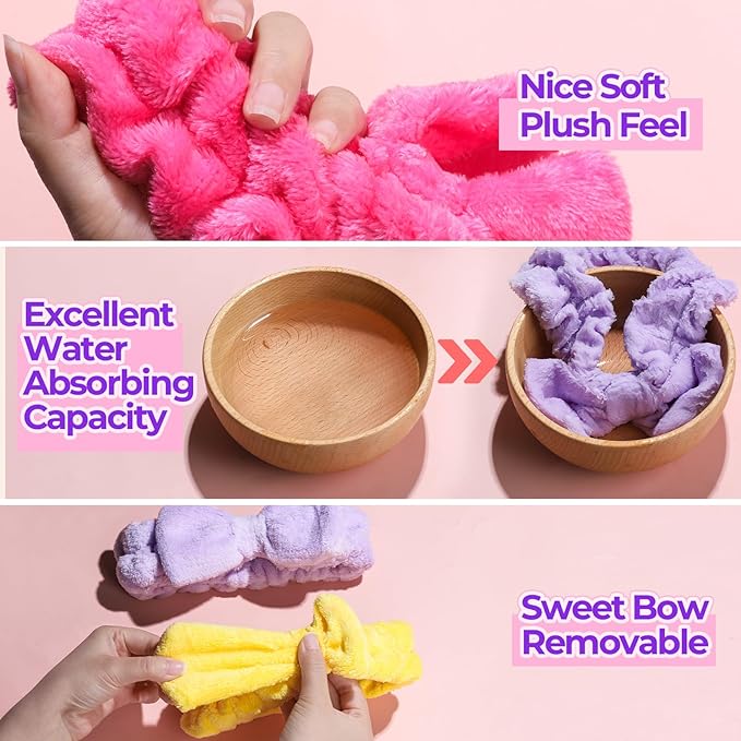LEOBRO Spa Headbands, 6pcs Makeup Headbands and Hair Scrunchies for Washing Face for Teen Girls Women, Skincare, Easter Basket Valentines Gifts for Girls (Rose Red & Yellow & Purple)