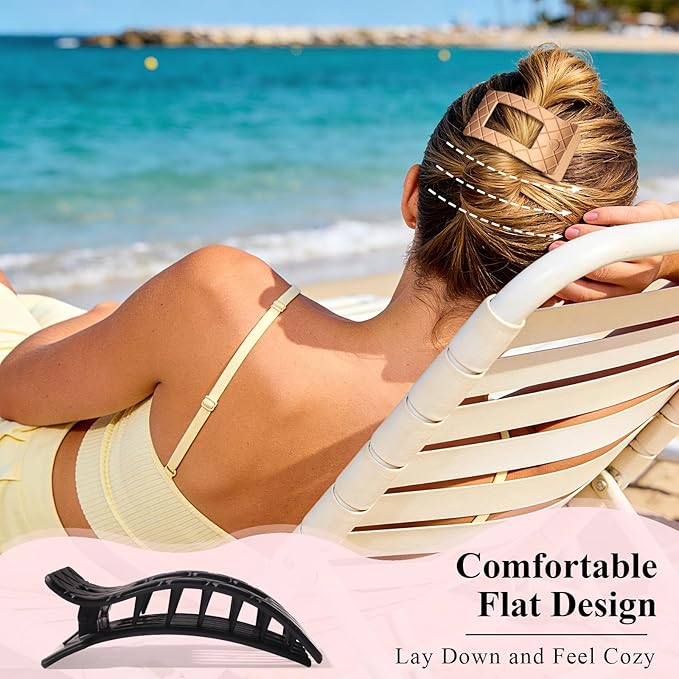 Large Flat Hair Claw Clips for Women Fine Thin Medium Thick Hair, Duckbill Strong Hold Non Slip Square Hair Clips, Cozy French Lay Down Hairclips, Beige, Light Khaki, Dark Khaki, Black, 4 Pcs