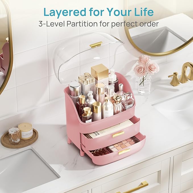Vtopmart 3-Tier Skincare Makeup Organizer with Drawers and Lid for Vanity and Bathroom Countertop, Large Cosmetic Storage Box Case for Dresser, with Non-Slip Base, Pink