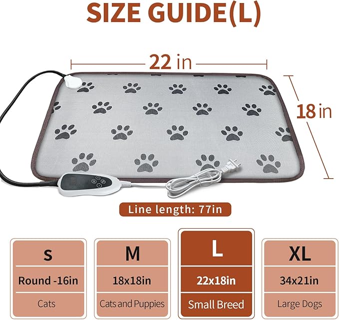 Pet Heating Pad 22x18 in with Smart Thermostat Switch and Power Line Protection Tube,Obtained MET and UL Dual Certification,Waterproof Cat Heating pad-Paw Print