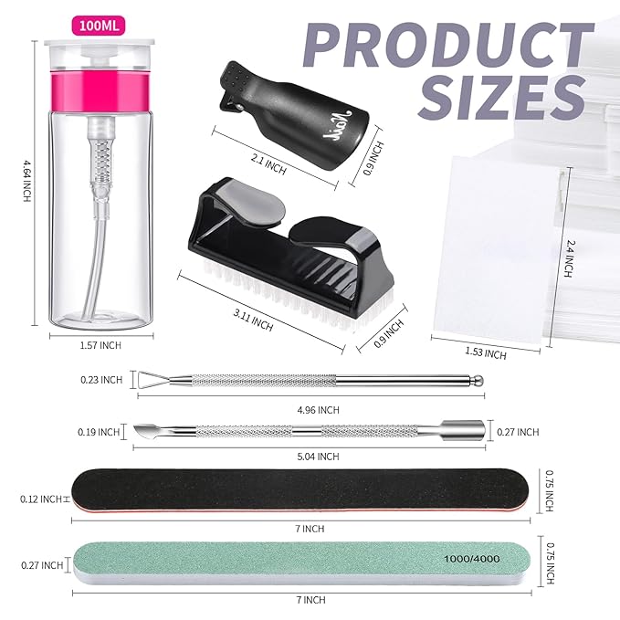 FANDAME Gel Nail Polish Remover Tools Kit, 10 PCS Nail Polish Remover Clips Black, 100ml Nail Polish Remover Bottle, 500PCS Cotton Pad, Nail Brush, Cuticle Pusher, Nail File, Buffer Block Tools kit