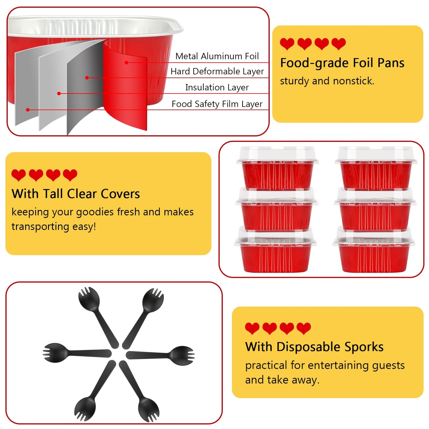 LNYZQUS 5oz Cupcake Pans Disposable Ramekins 40 Pack, Aluminum Foil Cupcake Liners With Lids,Square Brownie Mini Cake Baking Pans,Cupcake Cups Muffin Tin Holders-Red