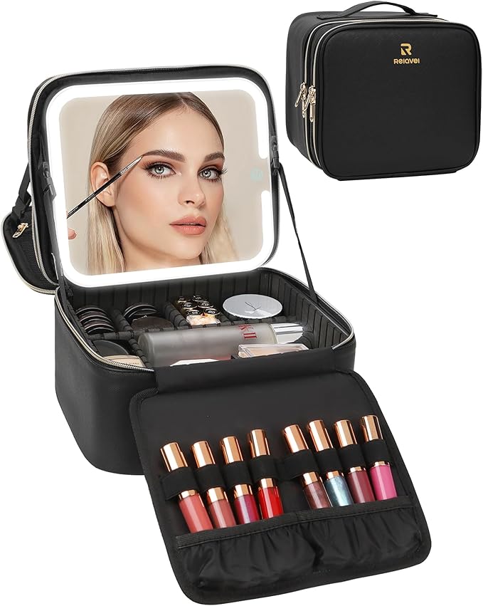 Chomeiu Makeup Bag with LED Mirror, 2 Layer Travel Makeup Case for Women and Makeup Artists Cosmetic Organizer Large Make Up Bags, 3 Color Lights, Adjustable Dividers and Brush Holder
