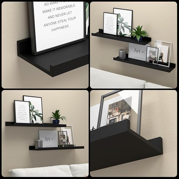 RICHER HOUSE 4 Set Floating Wall Mounted Shelves, Black Shelves for Wall Decor, Modern Picture Ledge Shelf with Lip for Storage, Nursery, Bedroom, Living Room, Bathroom - Black