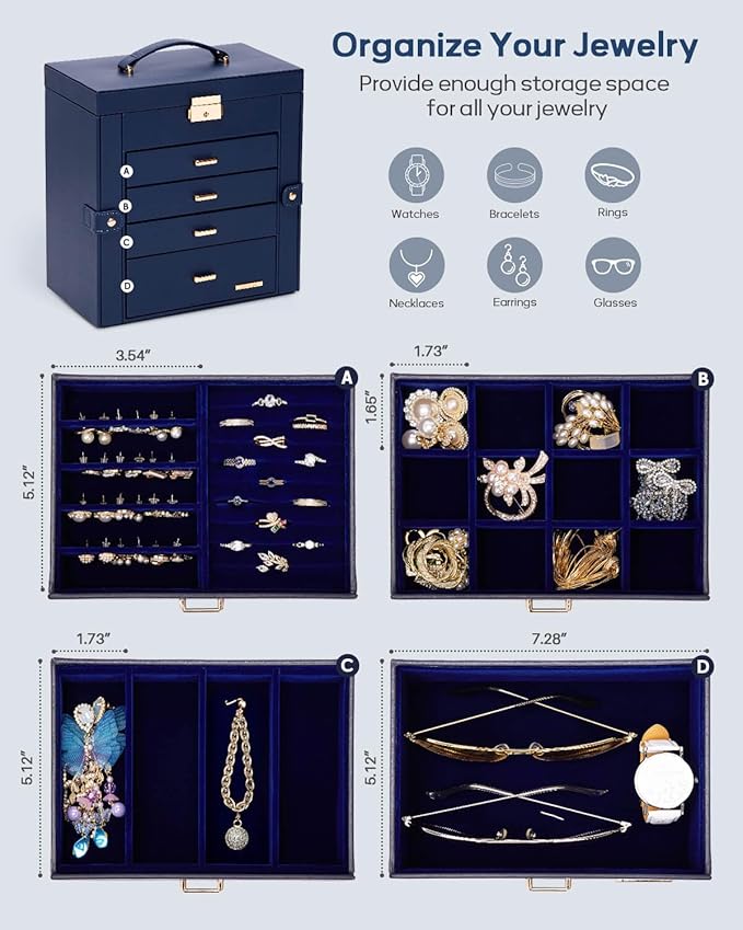 Homde Synthetic Leather Huge Jewelry Box Mirrored Watch Organizer Necklace Ring Earring Storage Lockable Gift Case (Dark Blue + Gold)