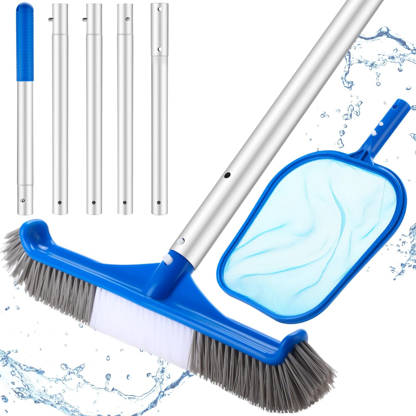 Potchen 3 Pcs Pool Cleaning Kit with Hand Skimmer Net, 47.24" Aluminum Pole and 17.5" Long Pool Brush Maintenance Accessory Tool for Above Ground Inground Ponds Home Tubs Spa