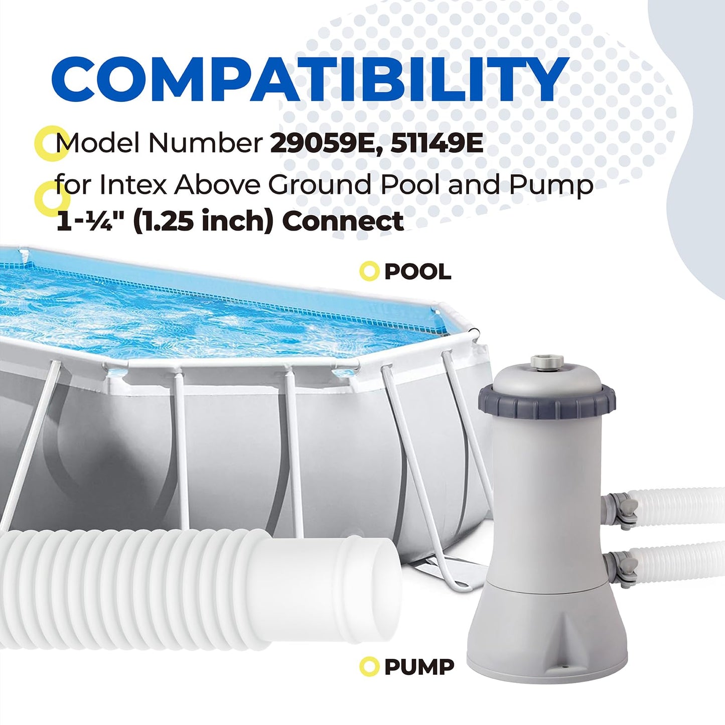 ANTOBLE Pool Hose for Intex 1.25" Diameter Above Ground Pool Pump Hoses Replacement Accessory 59" Long 1-1/4 Swimming Pool Filter Pump Hoses 607 637 With 4 Metal Clamps, 2 Pack