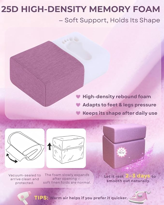 Purple Adjustable Foot Rest for Under Desk at Work – Ergonomic Linen Memory Foam Footrest Pillow with Breathable Washable Cover, DIY Height Adjustment for Office Chair, Gaming, Home & Travel Use