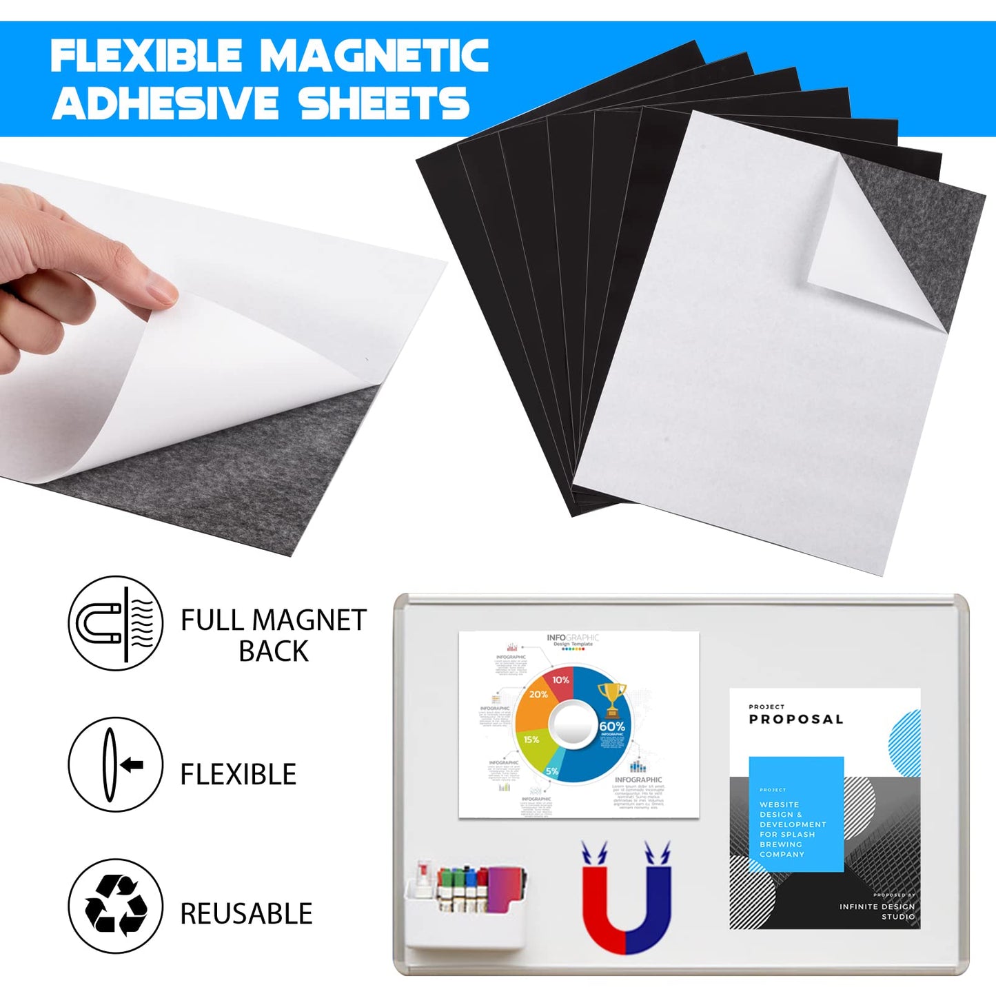 8.5X11 Inches Magnet Sheets for Letter Size (Pack of 16),Magnetic Sheets with Self-Stick Adhesive for Home/Classroom/Office,Easy Cut DIY Magnet