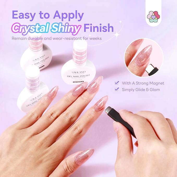 SAVILAND Color Artistry Cat Eye Gel Nail Polish 6 Colors: Crystal Shiny Gel Nail Polish Shimmer Glitter Rainbow Magnetic Glitter Cat Eye with Magnet Stick Soak Off U V Lamp Manicure Nail Art