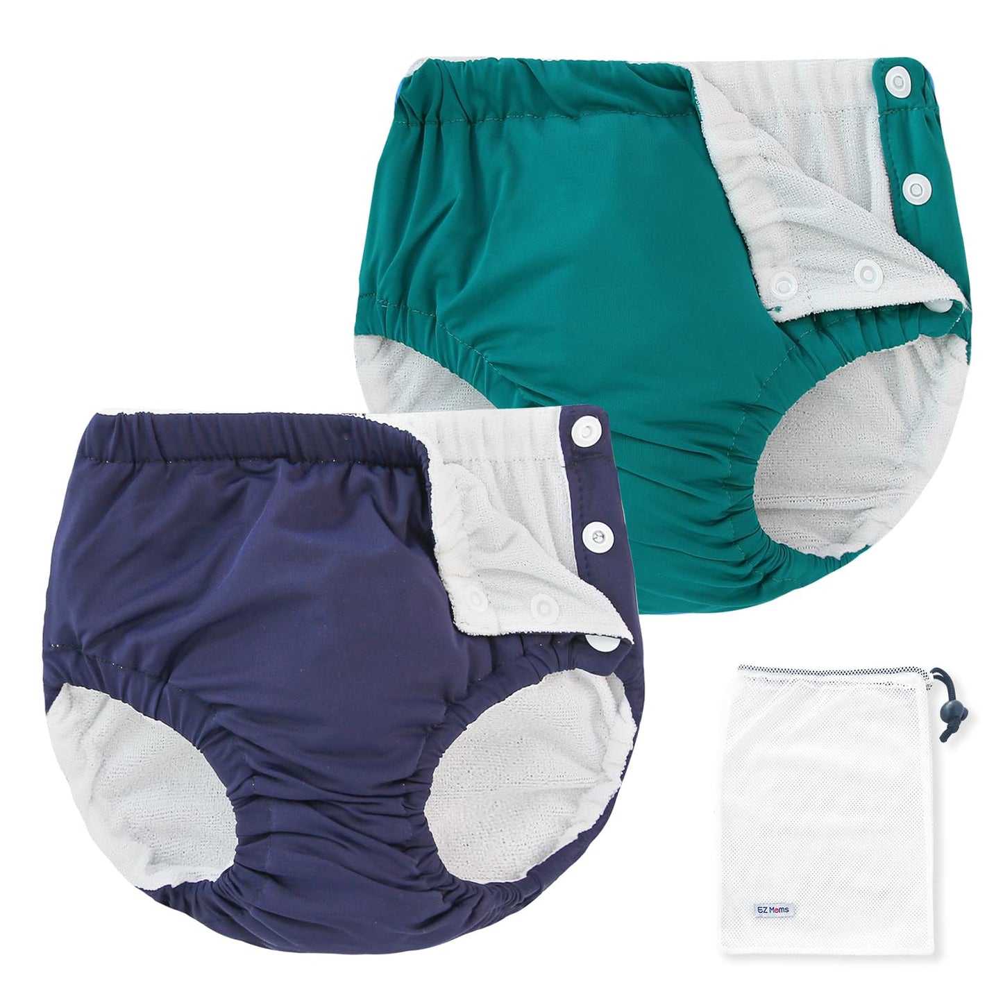 EZ Moms 2 Packs Reusable Swim Diapers Toddler Baby Swim Diaper Size 2 Washable Snap Pool Swimming Diaper 2T Soft and Silky Waterproof Diapers for Swimming Lessons Boys and Girls with a Laundry Bag