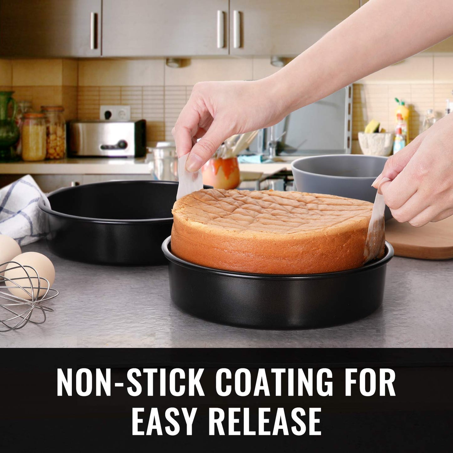 HIWARE 9-Inch Round Cakes Pan Set with 60 Pieces Parchment Paper Rounds, Nonstick Baking Cake Pans, Dishwasher Safe - Set of 2