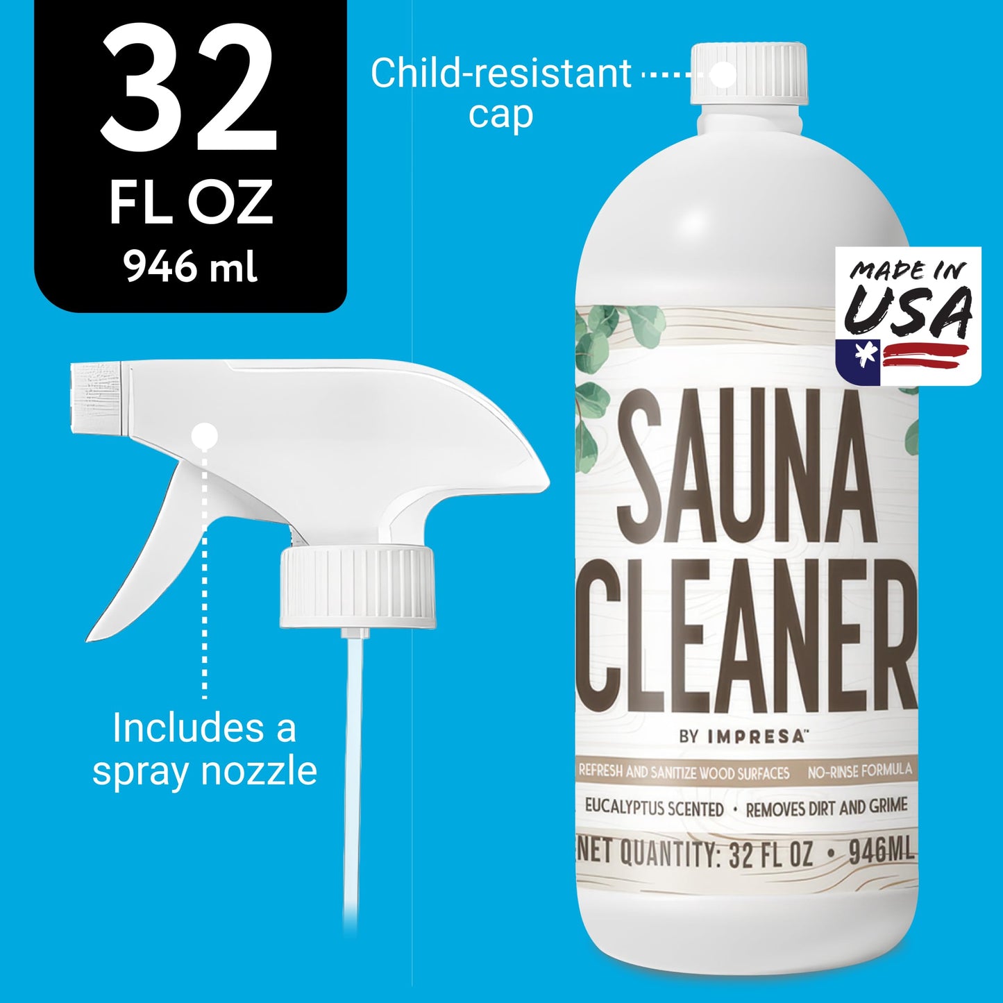 IMPRESA 32oz Sauna Cleaning Spray – All Purpose Eucalyptus Wood Cleaner Spray for Home Sauna, Spa, Steam Room & Gym – Natural Multipurpose Surface Cleaner Bottle – Gentle Ingredients Tough on Grime