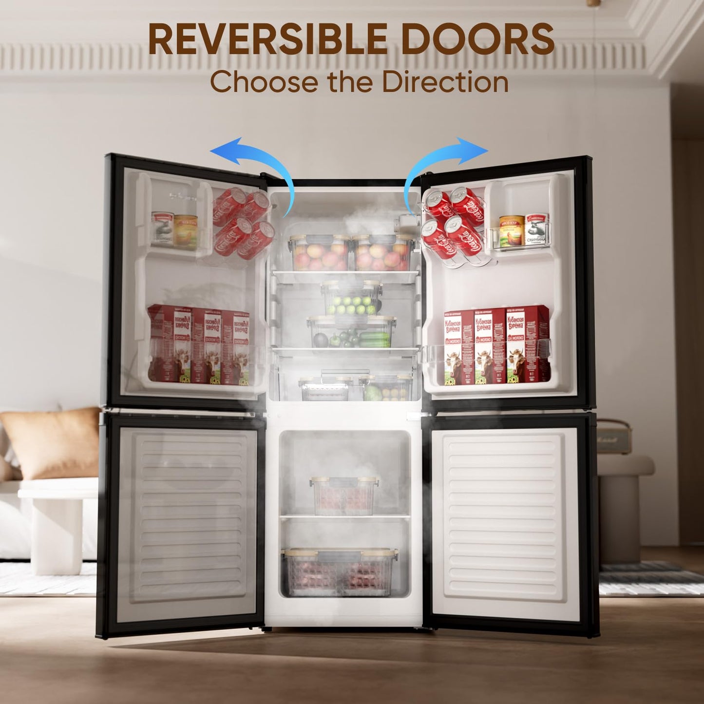 Upstreman 4.0 Cu.Ft Mini Fridge with Bottom Freezer, Double Door Small Refrigerator, Large Capacity Small Fridge with Freezer, Mini Refrigerator for Bedroom, Dorm, Office, BM40 (Black)