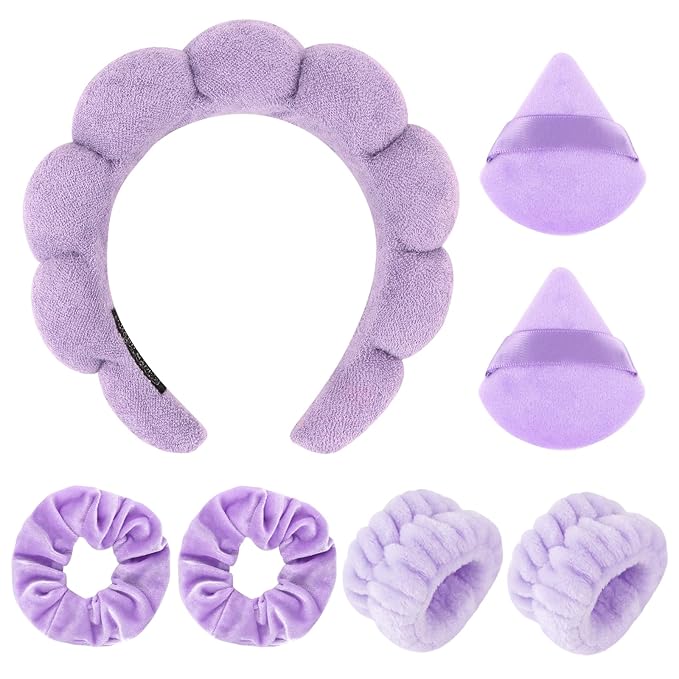 7Pc Puffy Spa Headband and Wristband Set for Washing Face, Skincare With Scrunchies, Powder Puffs, Sponge, Makeup Removal - Terry Cloth for Mask - Purple