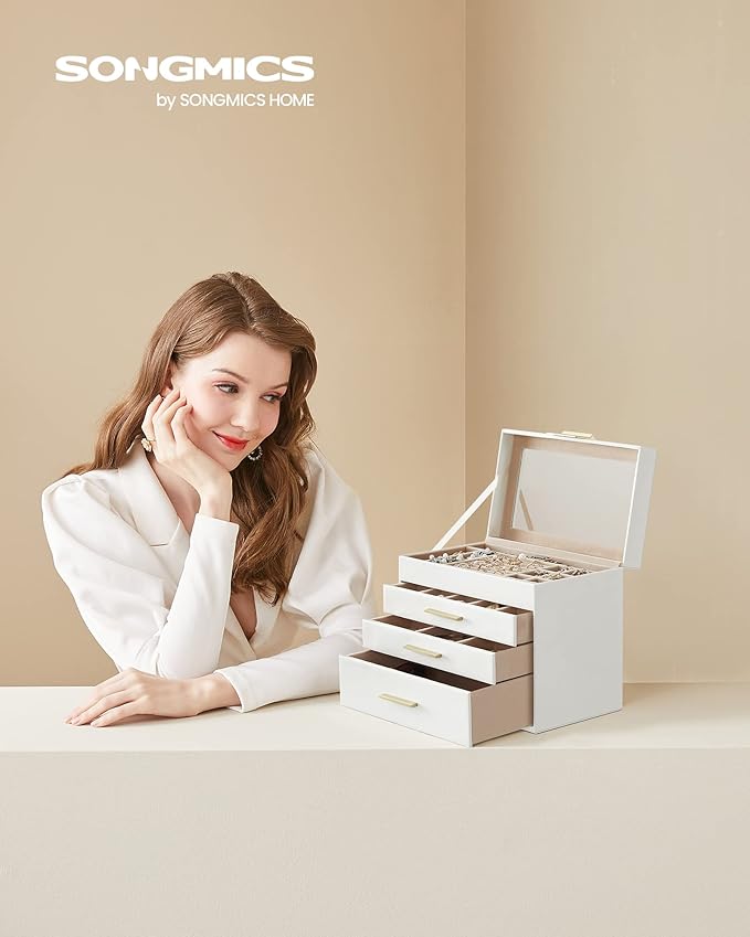 SONGMICS GISELLA Collection - Jewelry Box Organizer, 4-Layer Jewelry Storage with 3 Drawers, Shiny Metal Hardware, Glass Lid, Modern, 6 x 9.9 x 8.5 Inches, Cloud White and Gold Color UJBC161W01