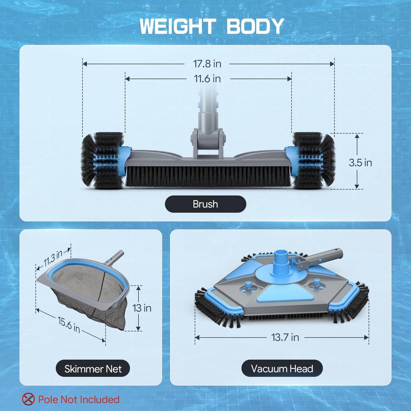UIRWAY 3-in-1 Deluxe Swimming Pool Cleaning Kit - Includes Upgrade Heavy Duty Triangular Pool Vacuum Head, Detachable Brush, Deep Leaf Skimmer Net Inground & Above Ground Pools Cleaning(No Pole)