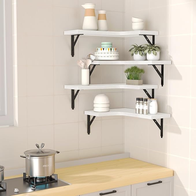 ROMGUAR CRAFT Corner Floating Shelves Wall Mounted Set of 4, Rustic Wood Storage Display Shelves for Home Decor, Bathroom, Kitchen, Bedroom, Living Room, Office (White)