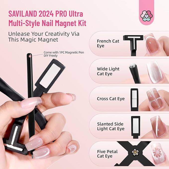 SAVILAND Cat Eye Polish Magnet Set 2024 5 in 1 Multi-Function Cat Eye Nail Magnet for Nails Easy Use Magnet Tool for Gel Nail Polish 3D Magnetic Stick Cat Eye Gel Polish Nail Salon Art Kit Gift Set