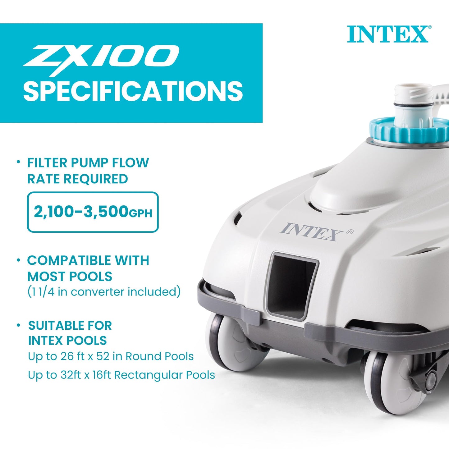 INTEX 28006E ZX100 Pressure-Side Above Ground Automatic Pool Cleaner: for Bigger Pools – Cleans Pool Floor – Removes Debris – Removable Filter Tray – 21ft Tangle Free Hose
