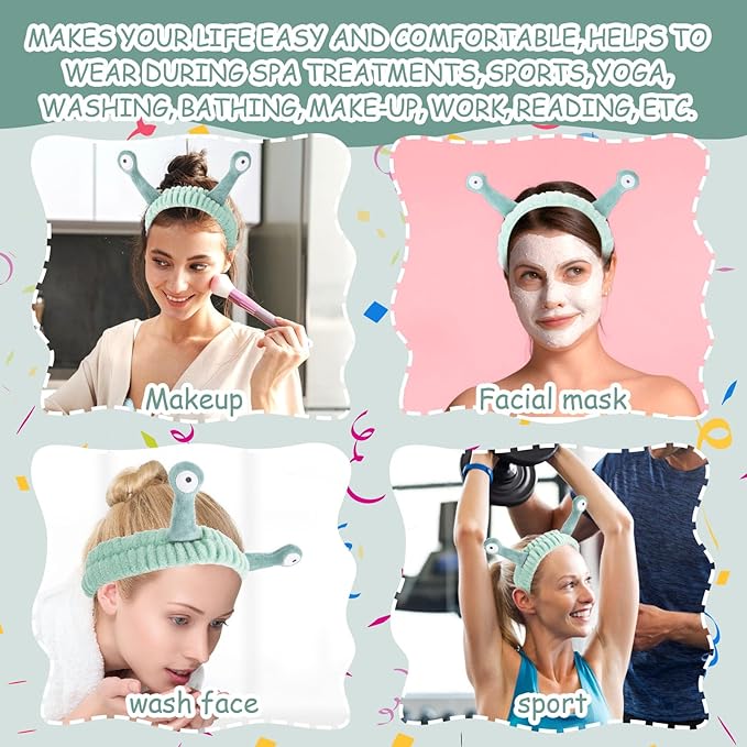 Face Wash Headband, Palm and Snail Spa Hair Bands Makeup Headbands Women Cartoon Cute Coral Fleece Elastic Headband Creative Hair Accessories for Washing Face Shower Sports (Light green)