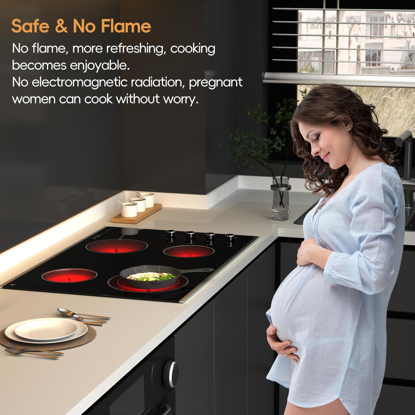 Zarbaco Electric Cooktop 30 inch 4 Burner, 6700W Built-in Radiant Electric Stove Top with Knob Control, Electric Ceramic Stove Cooktop with 11 Level Power Adjustable, 220-240V, Hard Wire