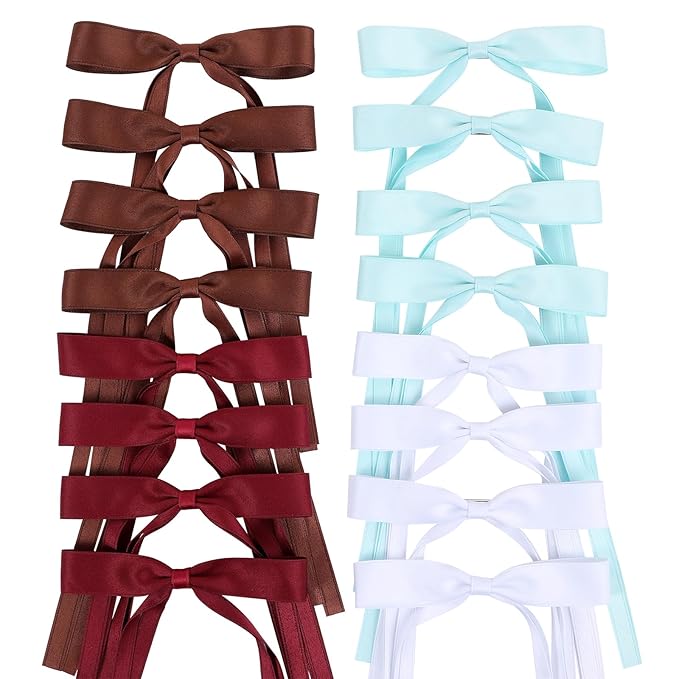 Hair Bows Clips Coquette Ribbon Bowknot with Long Tail Princess Hair Bows French Barrettes Hair Accessories for Women Girls 16PCS (Wine Red, White, Aquamarine, Brown)