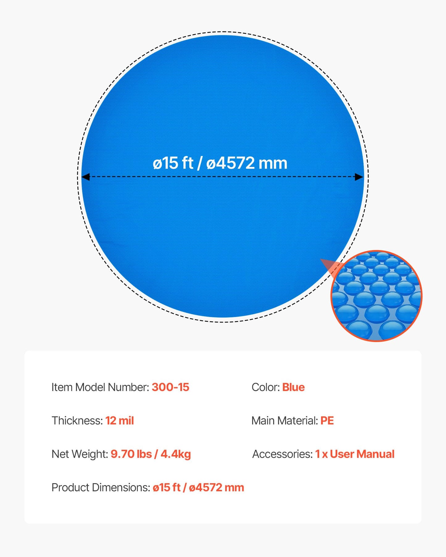 VEVOR Solar Pool Cover, 15 ft Round Pool Bubble Cover, 12 Mil Pools Solar Blanket with Bubble & PE Material, Daytime Heat Absorption, Nighttime Heat Retention, Heat Retaining Solars Covers, Blue