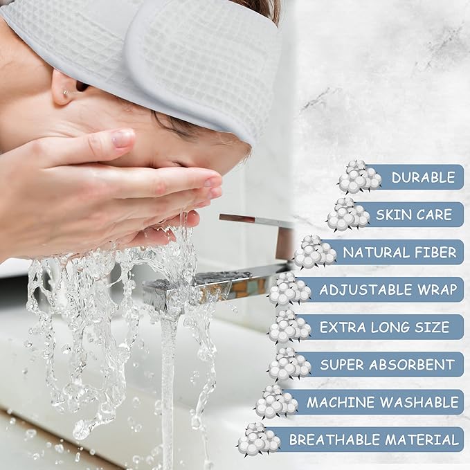(3 Pack Adjustable Facial Makeup Headband with Magic Tape Pure Natural Terry Waffle Sweat-Absorbent Facial Spa Headband Facial Washing Shower Wrap Yoga Sports Hairband (Waffle White)