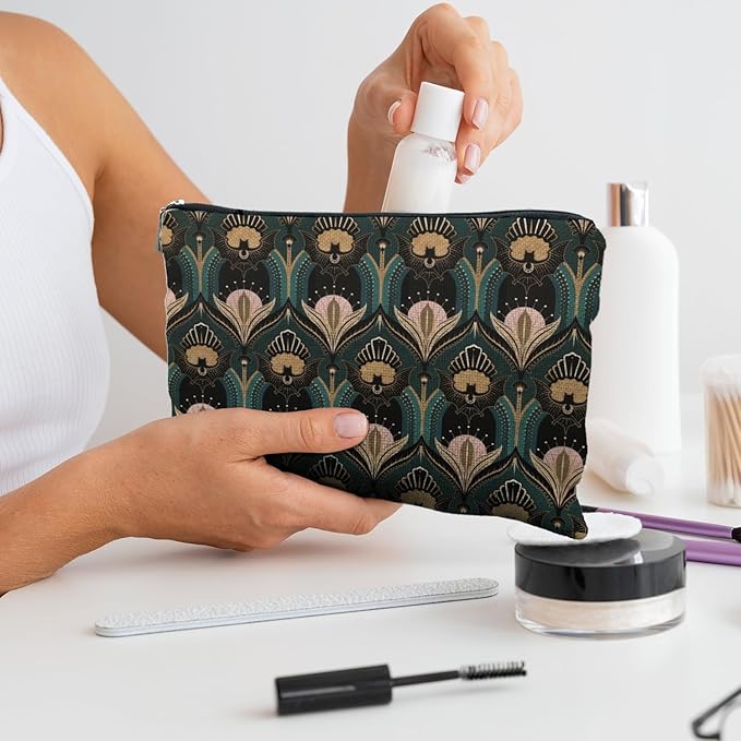 Witchy Goth Makeup Bag, Vintage 1920s Bats and Flowers Aesthetic Cosmetic Toiletry Bag for Women
