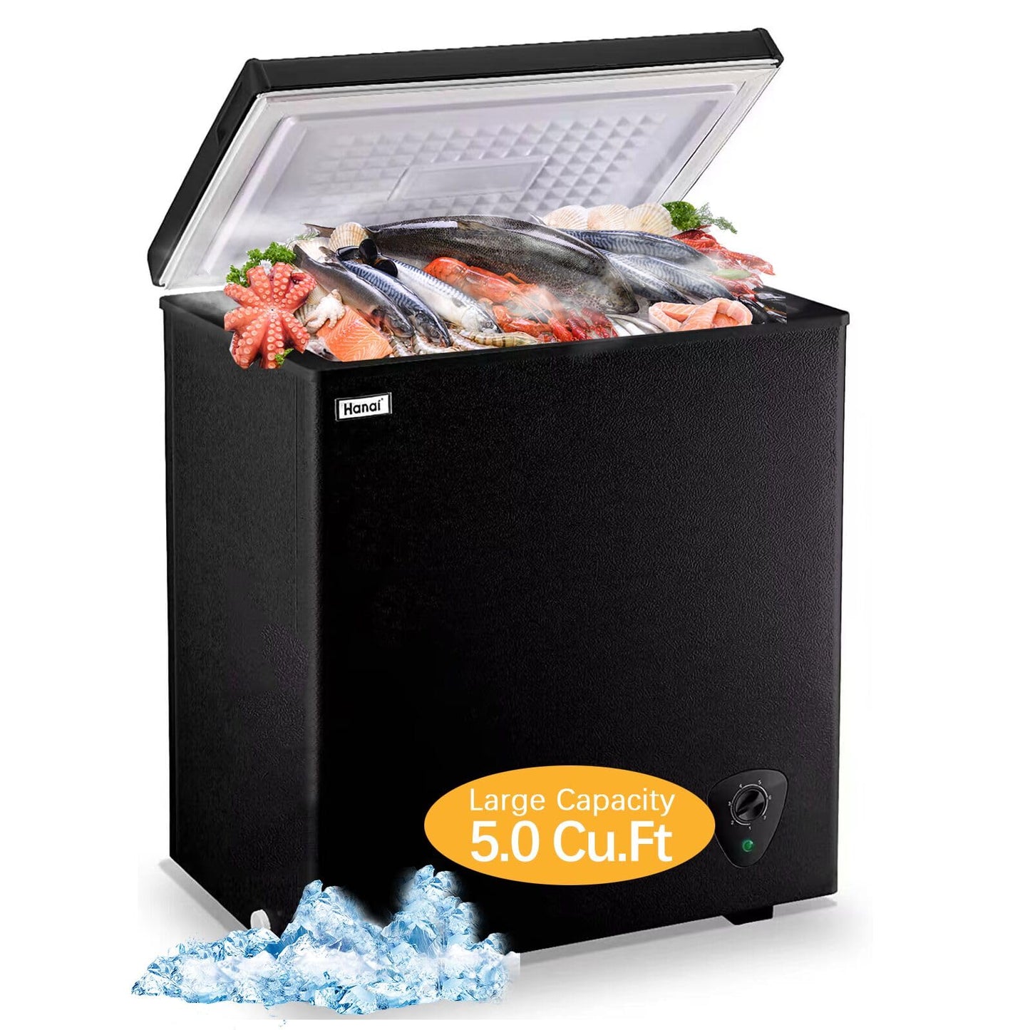Chest Freezer 5.0 Cu.Ft Black Compact Freezer, Manual Defrost Deep Freezer with Storage Basket, Space-Saving Flat Back, Stay-Open Lid, Side-Access Drain for Home Basement Cottage Business