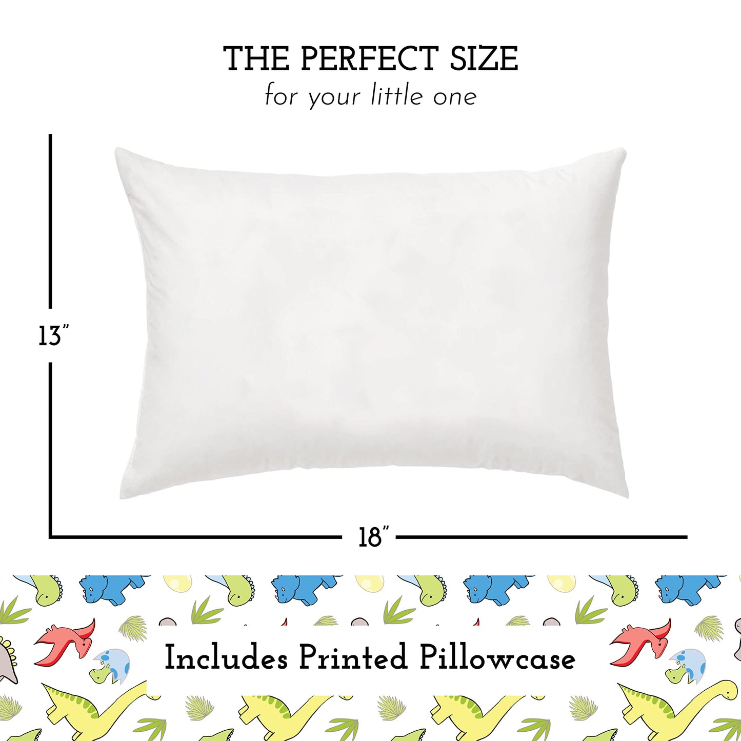 Toddler Bed Pillow with Cotton Pillow Case – 13x18 Kids Pillows for Sleeping, School, Travel & Daycare – Hypoallergenic Toddler Pillow 2 Year Old to 5 with Envelope Pillowcase (Dinosaurs White)