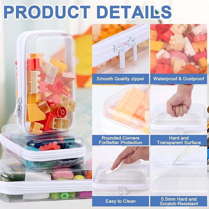 YOPCDJ Clear Hard Shell Zipper Case, Clear Zipper Pouches Waterproof Makeup Organizer & Travel Toiletry Storage Bag, Plastic Pouch for Office, Home, White, 4Pack XL+L+M+S