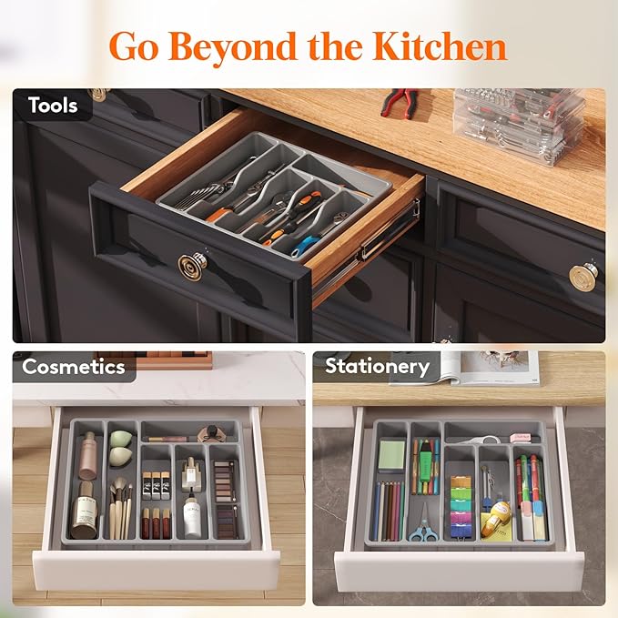 Lifewit Silverware Drawer Organizer Tray, Plastic Cutlery Storage for Kitchen, Flatware and Utensil Holder Divider for Spoons Forks Knives Tableware, 12.4 x 11.7", 6 Slots, Gray