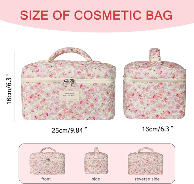 Gosect 1pc Large Makeup Bag, Cute Cosmetic Bag for Women Girls, Floral Coquette Aesthetic Toiletry Bag, Travel Make Up Organizer Bag (Pink Floral Print